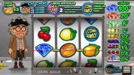 Game to the Barragán slot and the jewels of the cacharrería where we can see the main character on the left, the game buttons at the bottom, information about the prizes on the right, the three reels in the center with some of their symbols. The background is represented by a street.